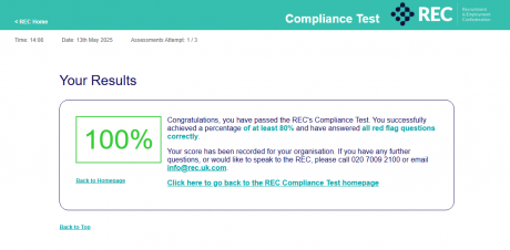 People First  scored 100% on the REC’s Compliance Test